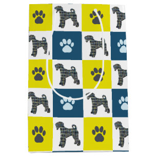 Airedale Terrier Dog & Paw Yellow & Blue Grid Line Medium Gift Bag