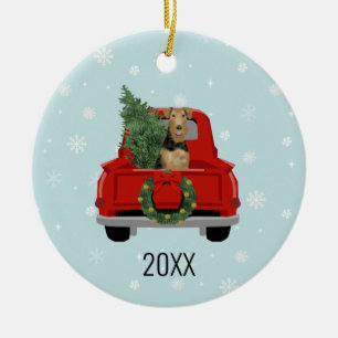 Airedale Terrier dog red truck christmas Ceramic Ornament