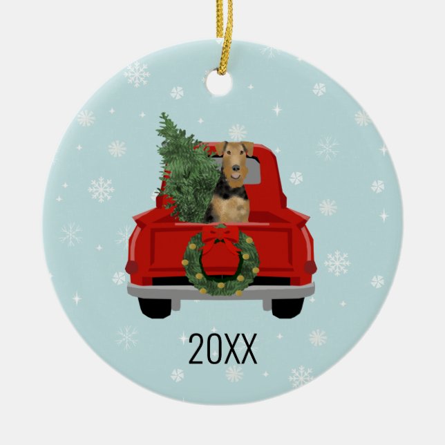 Airedale Terrier dog red truck christmas Ceramic Ornament (Front)