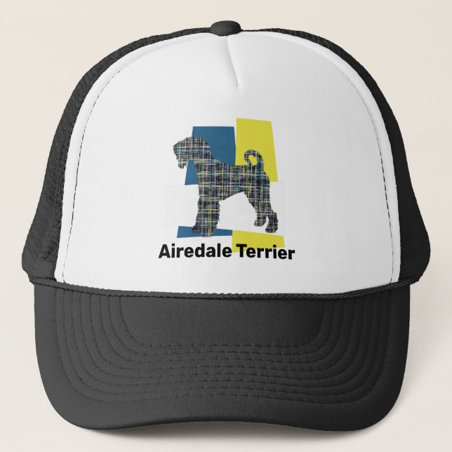 Airedale Terrier Dog Silhouette Tricolour Grid Trucker Hat (Front)