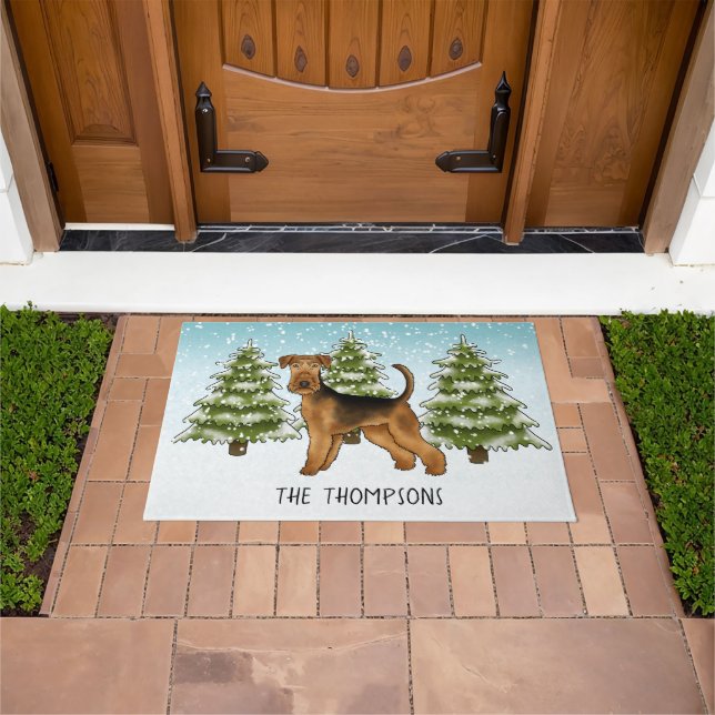 Airedale Terrier Dog Snowy Winter Forest And Name Doormat (Outdoor)