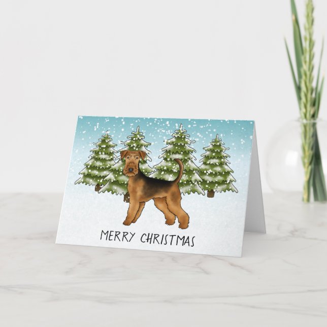 Airedale Terrier Dog Snowy Winter Forest Festive Card (Front)