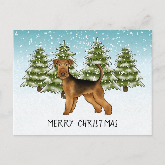 Airedale Terrier Dog Snowy Winter Forest Festive Postcard (Front)