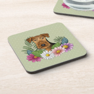 Airedale Terrier Dog With Colourful Flowers Green Coaster
