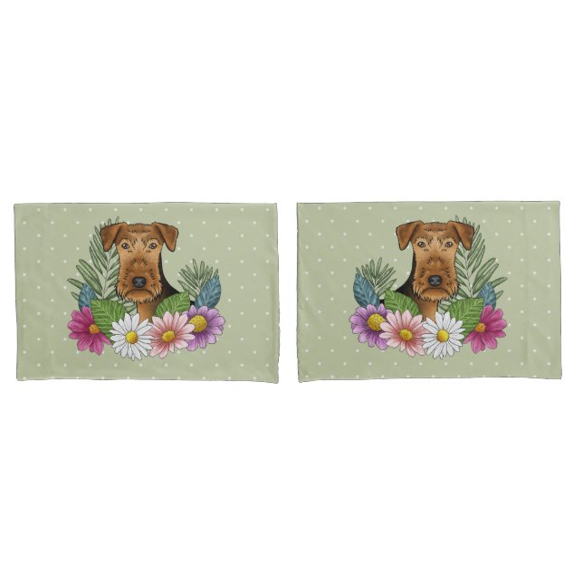 Airedale Terrier Dog With Colourful Flowers Green Pillowcase (Front-Set)