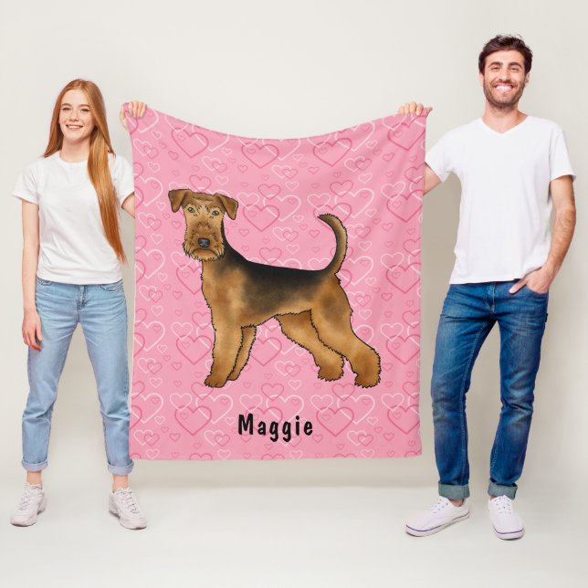 Airedale Terrier Dog With Pink Hearts And Name Fleece Blanket (In Situ)
