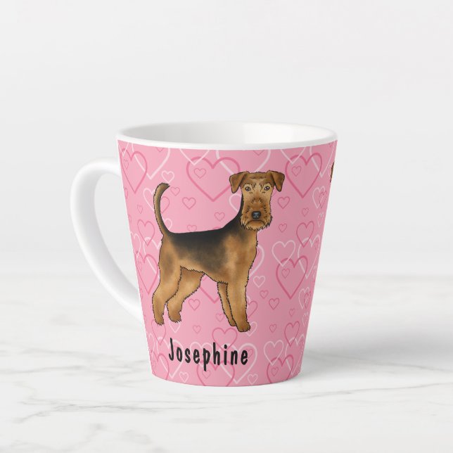 Airedale Terrier Dog With Pink Hearts And Name Latte Mug (Left Angle)