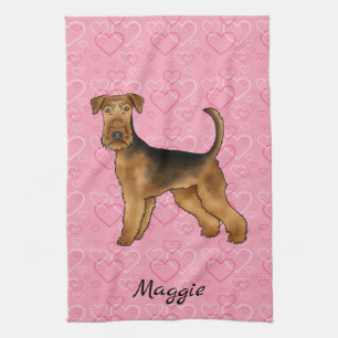 Airedale Terrier Dog With Pink Hearts And Name Tea Towel