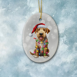 Airedale Terrier Dog Wrapped in Christmas Lights  Ceramic Ornament