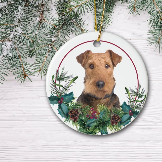 Airedale Terrier Evergreen Berry Wreath Ceramic Ornament (Creator Uploaded)