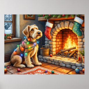 Airedale Terrier Fireplace Christmas Lights Poster