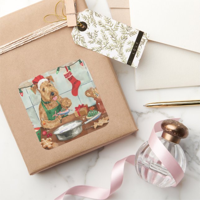 Airedale Terrier Holiday Baking: Festive Christmas Square Sticker (Gifting)