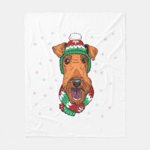 Airedale Terrier in christmas hat     Fleece Blanket