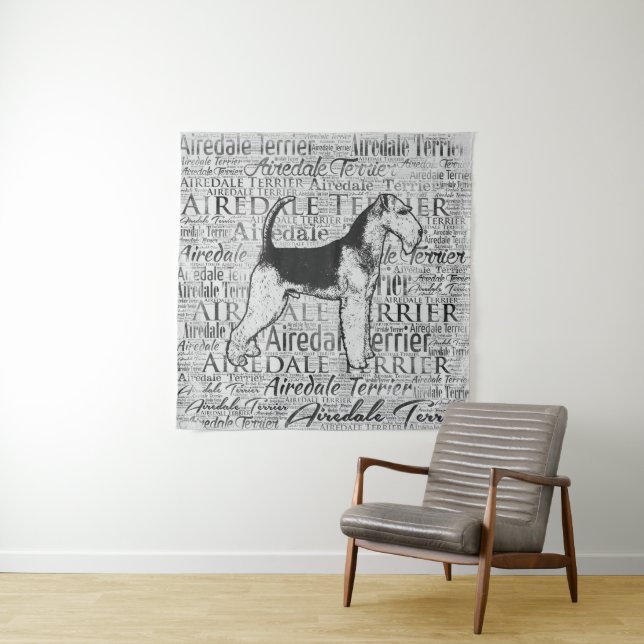 Airedale Terrier Monotone Word Art Ink Tapestry (In Situ)