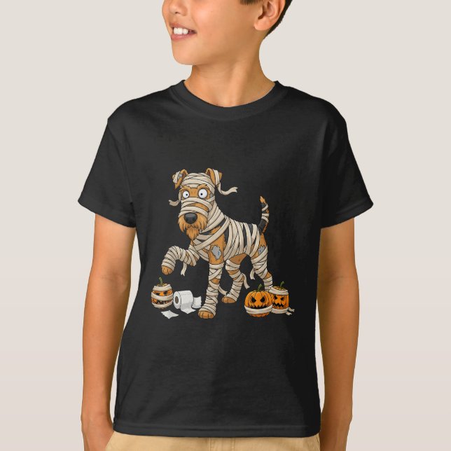 Airedale Terrier Mummy Pumpkin Halloween Kids Mens T-Shirt (Front)