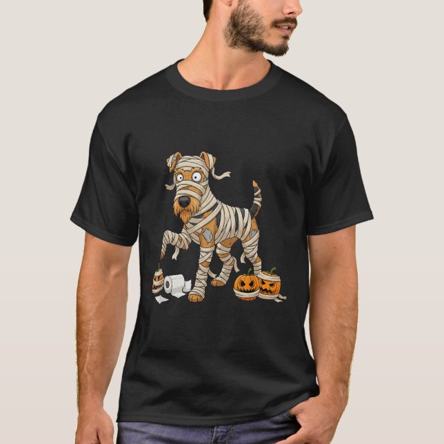 Airedale Terrier Mummy Pumpkin Halloween Kids Mens T-Shirt (Front)
