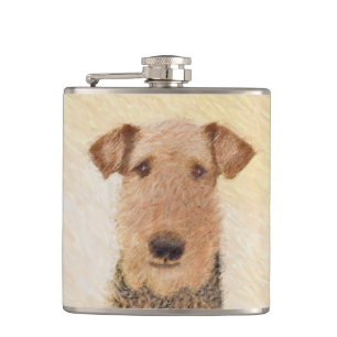 Airedale Terrier Painting - Cute Original Art Hip Flask