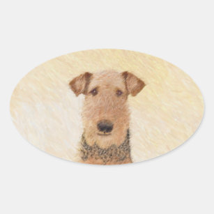 Airedale Terrier Painting - Cute Original Art Oval Sticker
