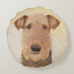 Airedale Terrier Painting - Cute Original Art Round Cushion
