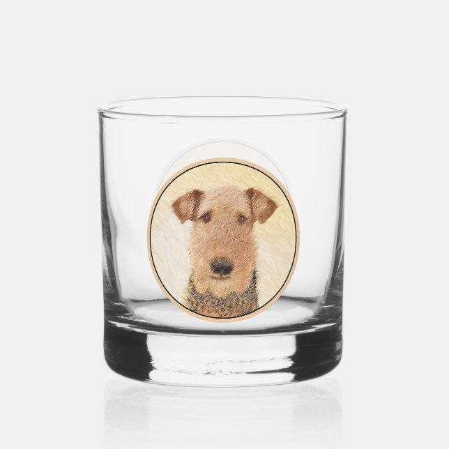 Airedale Terrier Painting - Cute Original Art Whiskey Glass (Front)