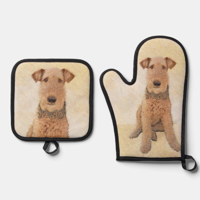 Airedale Terrier Painting Cute Original Dog Art Oven Mitt & Pot Holder Set (Front)