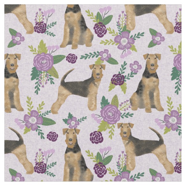 airedale terrier purple florals fabric (Close Up)