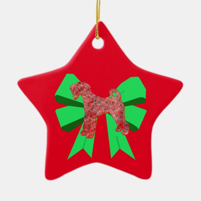 Airedale Terrier Red Dog & Green Bow Christmas Ceramic Ornament (Front)