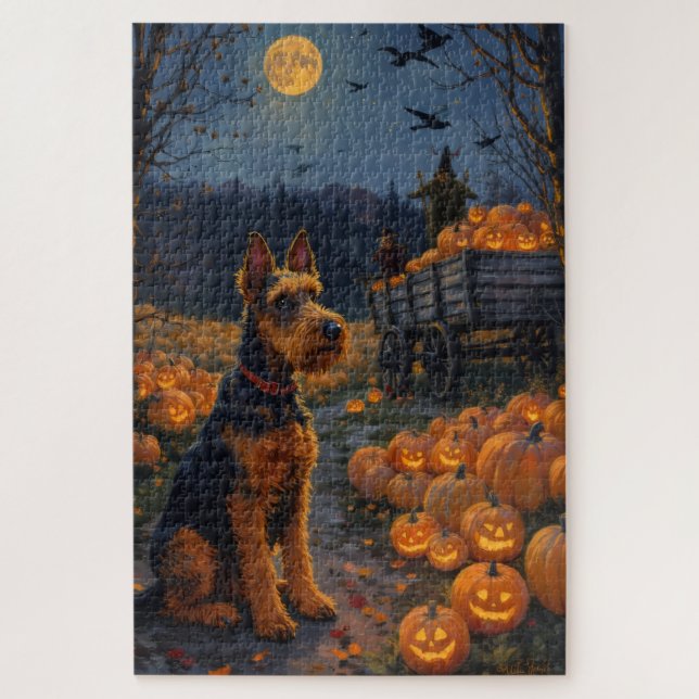 Airedale Terrier Rustic Halloween Pumpkin Patch  Jigsaw Puzzle (Vertical)