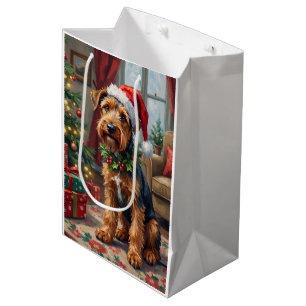 Airedale Terrier Santa Hat Christmas Fun Art Medium Gift Bag