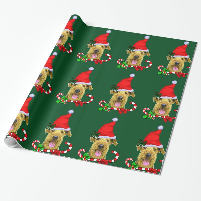 Airedale Terrier Santa Hat Christmas Wrapping Paper (Unrolled)