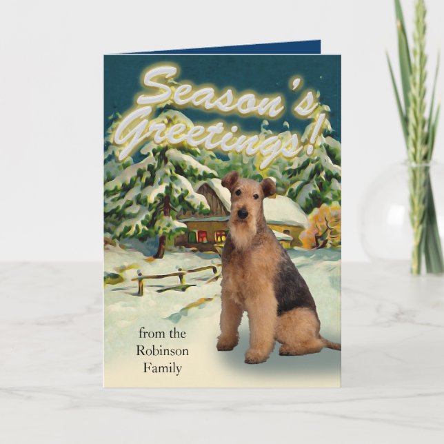 Airedale Terrier Snow Cabin Christmas Cards (Front)