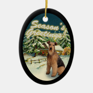 Airedale Terrier Snow Cabin Christmas Ornament