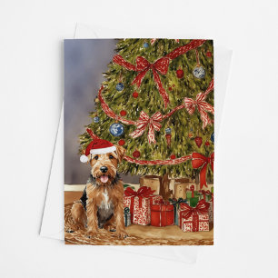 Airedale Terrier Watercolor Under Christmas Tree Card