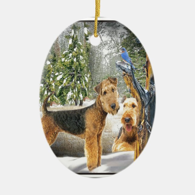 Airedale Terrier Winter Day gifts Ceramic Ornament (Front)