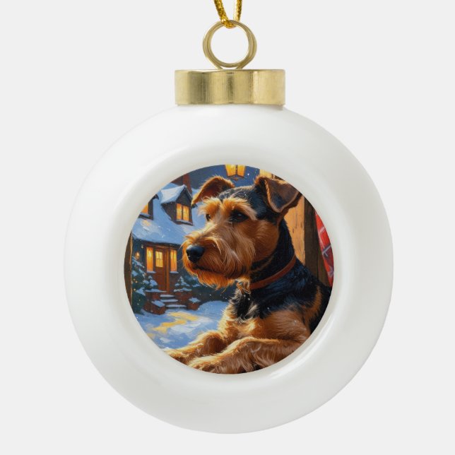 Airedale Terrier With Christmas Lights Holiday  Ceramic Ball Christmas Ornament (Front)