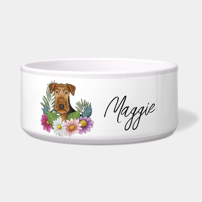Airedale Terrier With Colourful Flowers And Name (Front)