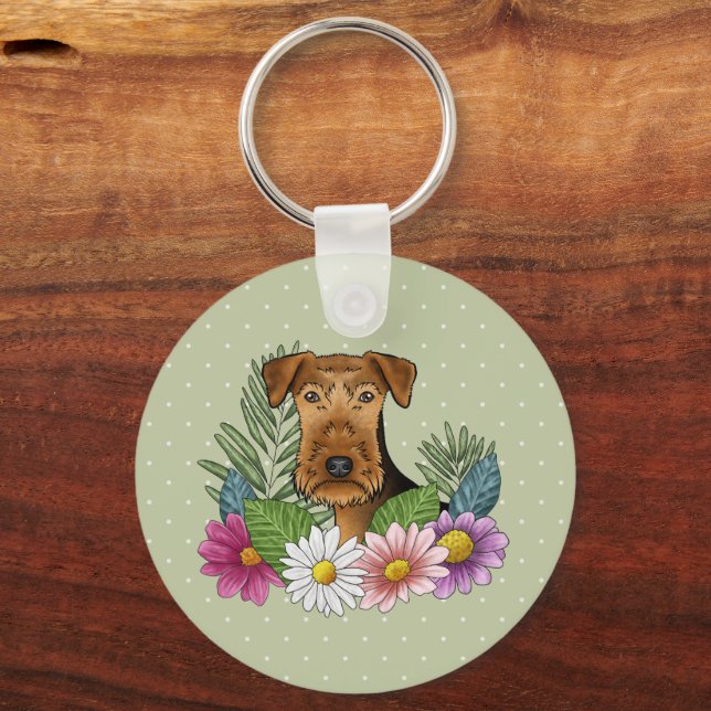 Airedale Terrier With Colourful Flowers And Name Key Ring (Front)