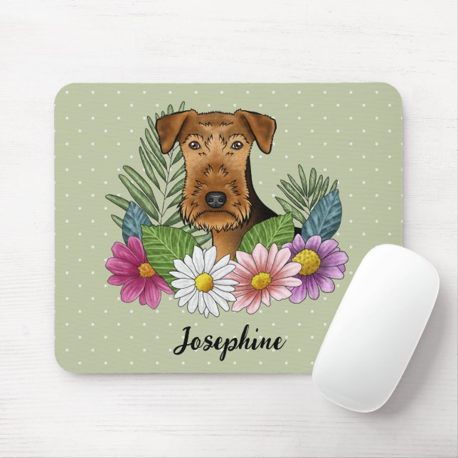 Airedale Terrier With Colourful Flowers And Name Mouse Pad (With Mouse)
