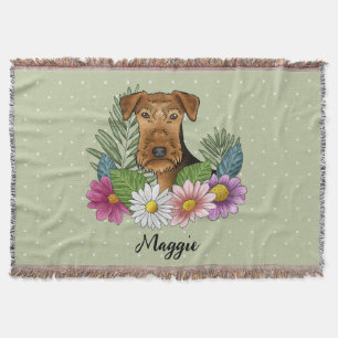 Airedale Terrier With Colourful Flowers And Name Throw Blanket