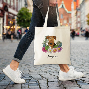Airedale Terrier With Colourful Flowers And Name Tote Bag