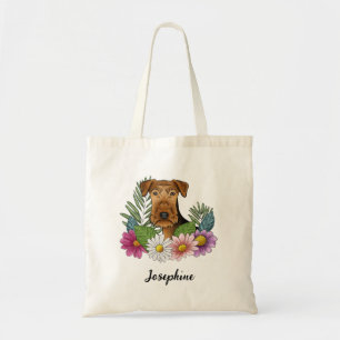 Airedale Terrier With Colourful Flowers And Name Tote Bag