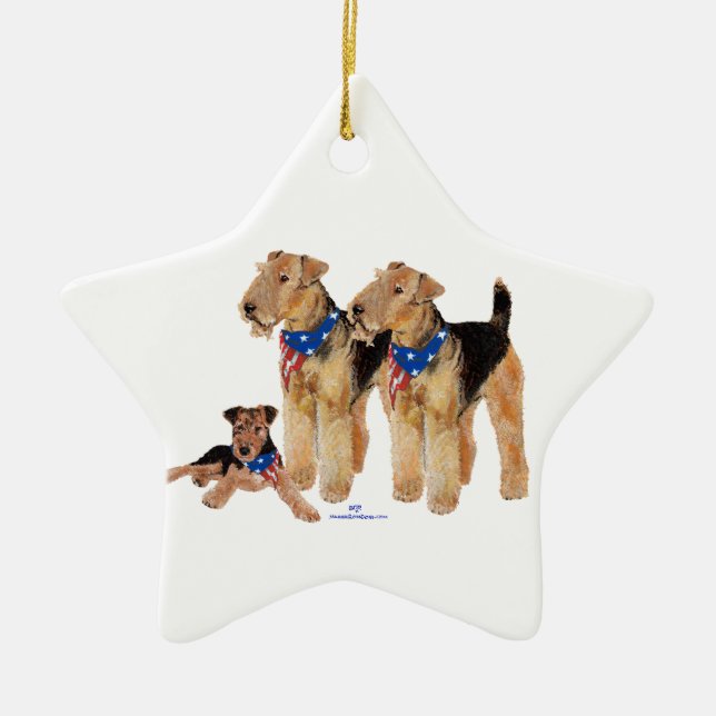Airedale Terriers American Flag Ceramic Ornament (Front)