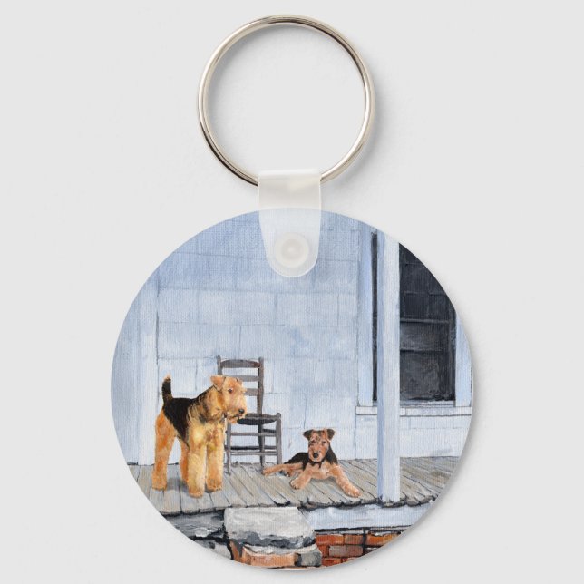 Airedale Terriers on the Veranda Key Ring (Front)