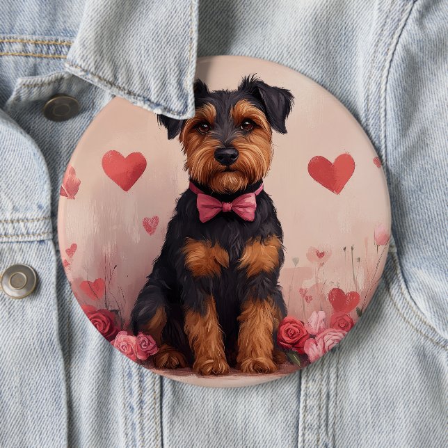 Airedale with Roses - Valentine's Day 6 Cm Round Badge (In Situ)