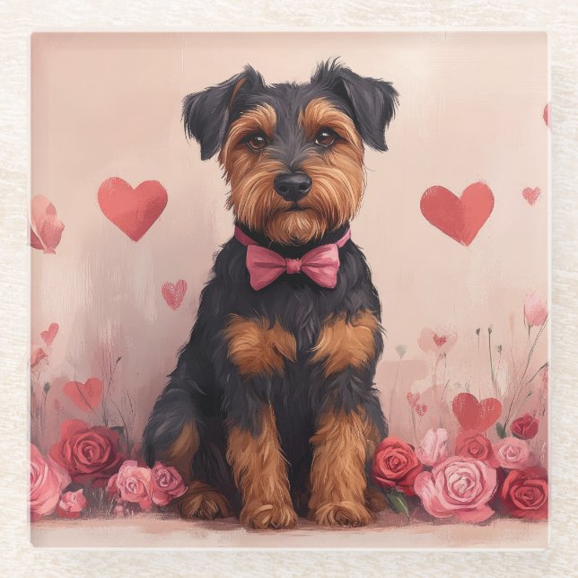 Airedale with Roses - Valentine's Day Glass Coaster (Front)