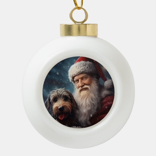 Airedale with Santa Claus Festive Christmas  Ceramic Ball Christmas Ornament (Front)