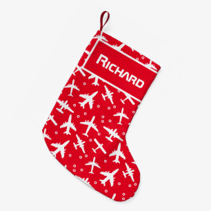 Airline Pilot Red and White Airplane Patterned Small Christmas Stocking