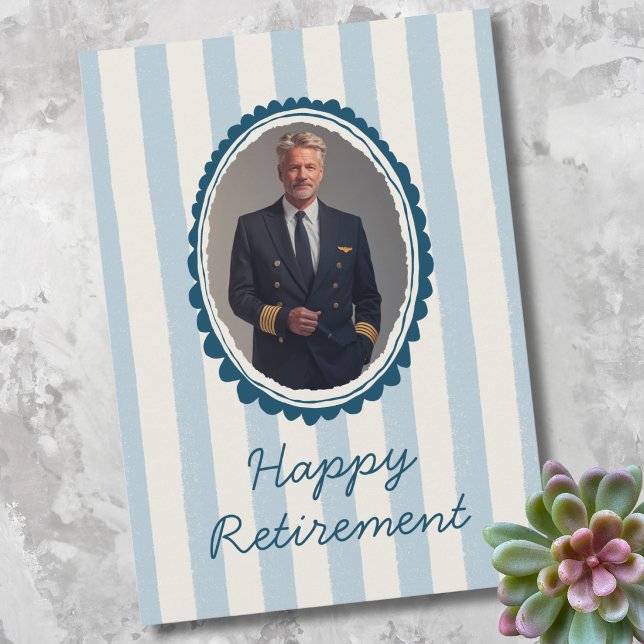 Airline Pilot Retirement Photo Blue Ivory Stripes Holiday Card (Creator Uploaded)
