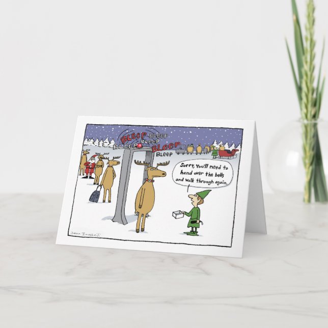 Airline Sleigh Security Funny Christmas Cartoon Holiday Card (Front)