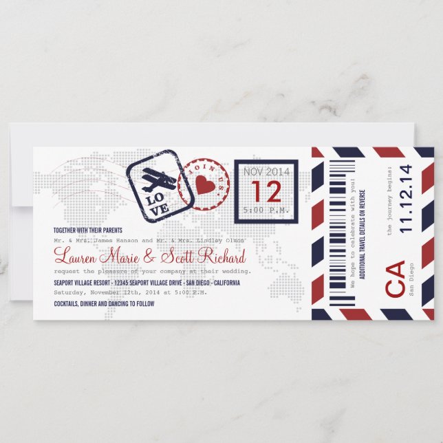 Airmail Boarding Pass Ticket Wedding Invitation (Front)